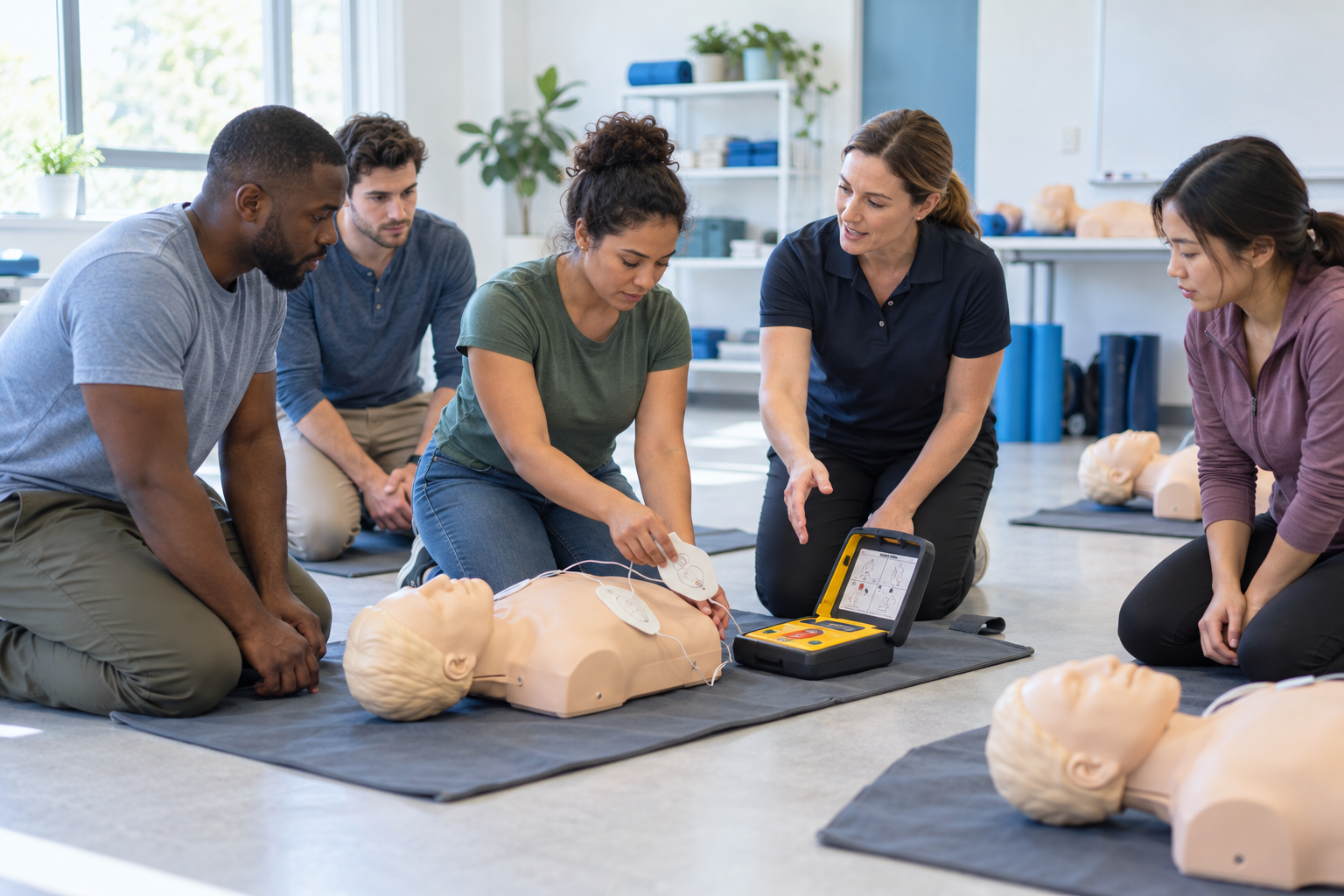 Illustrative photo of a small group learning CPR and AED use with an instructor and training manikins
